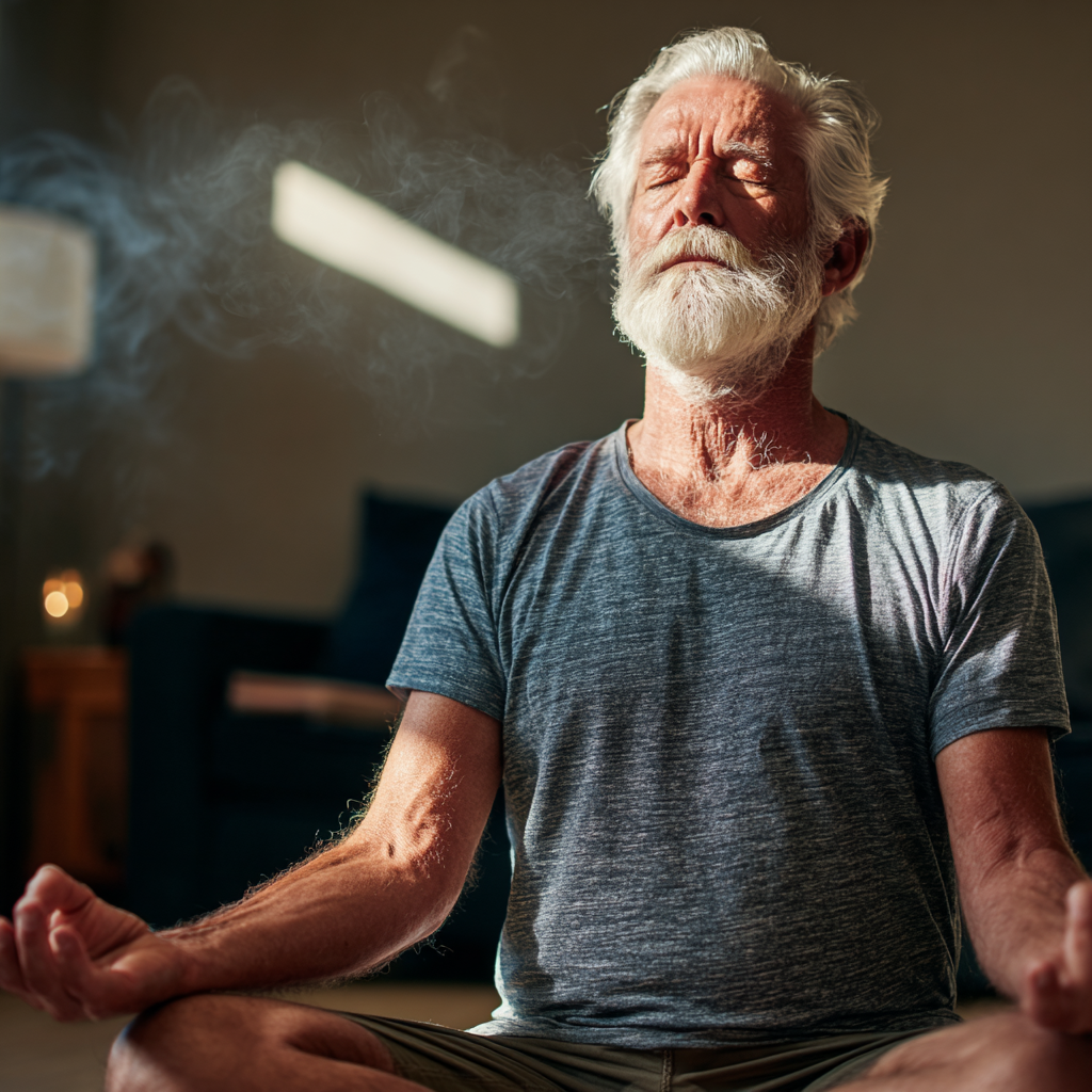 Peaceful elderly woman in meditation pose on yoga mat in serene natural setting