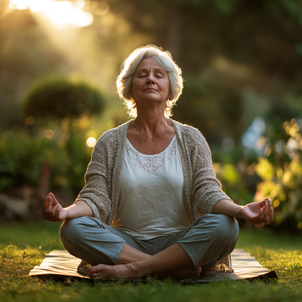 Confident elderly man demonstrating yoga balance pose with perfect form and peaceful expression