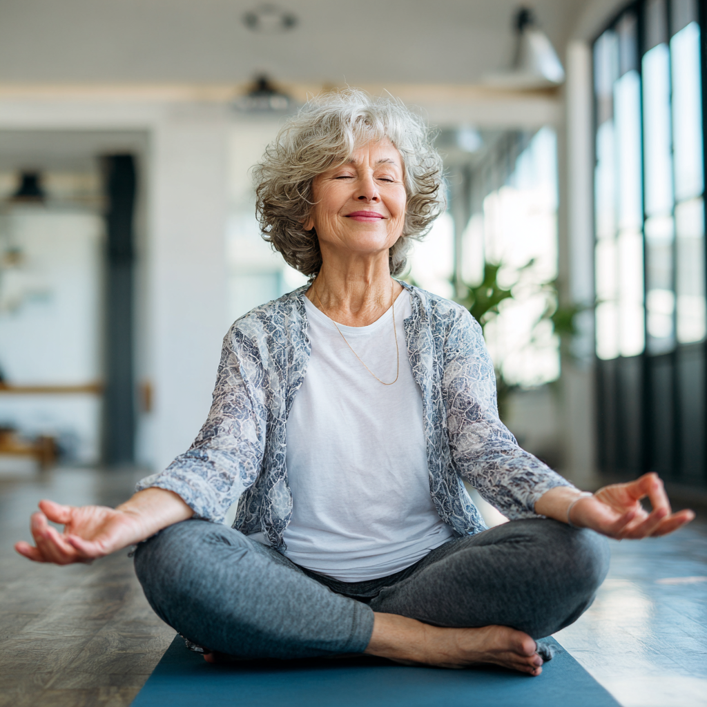 Group of smiling elderly people practicing gentle yoga movements together in bright studio space